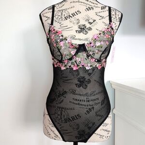 Sheer Black Floral Embroidered Lace Bodysuit